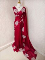 Tissue silk with floral applique work and scallop border - Image 9