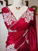 Tissue silk with floral applique work and scallop border - Image 7