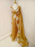 Tissue silk with floral applique work and scallop border - Image 12