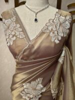 Tissue silk with floral applique work and scallop border - Image 13