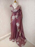 Tissue silk with floral applique work and scallop border - Image 18