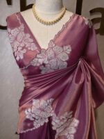 Tissue silk with floral applique work and scallop border - Image 25