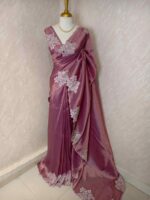 Tissue silk with floral applique work and scallop border - Image 27