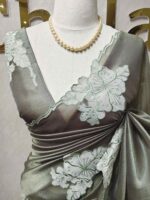 Tissue silk with floral applique work and scallop border - Image 34