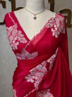 Tissue silk with floral applique work and scallop border - Image 37