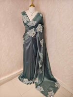 Tissue silk with floral applique work and scallop border - Image 45