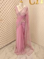Net saree with sequence, stones small floral pattern and scallop border - Image 61