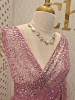 Net saree with sequence, stones small floral pattern and scallop border - Image 60