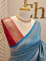 Banarasi with peacock leaf buttas zari work with contrast blouse - Image 21