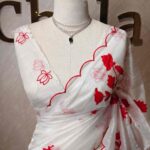 Crushed organza with lotus plant like applique work and thread scallop border