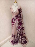 Crushed silk with floral and leafy applique work - Image 21