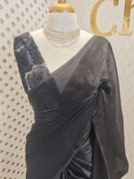 Georgette saree with net blouse floral applique and pearl, bead embellishments - Image 12