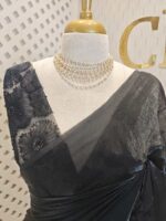 Georgette saree with net blouse floral applique and pearl, bead embellishments - Image 13