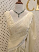 Georgette saree with net blouse floral applique and pearl, bead embellishments - Image 9