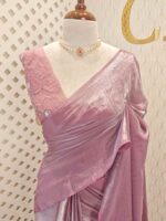 Georgette saree with net blouse floral applique and pearl, bead embellishments - Image 18