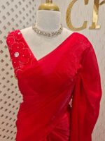 Georgette saree with net blouse floral applique and pearl, bead embellishments - Image 7