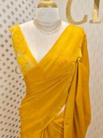 Georgette saree with net blouse floral applique and pearl, bead embellishments - Image 4