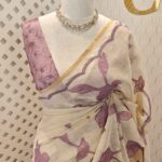 Linen with floral and leafy applique jaal pattern