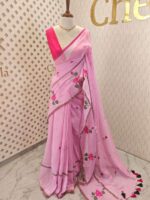 Mul cotton with lotus bud design and lotus flower embroidery design in stripes borders - Image 10