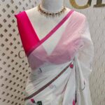 Mul cotton with lotus bud design and lotus flower embroidery design in stripes borders