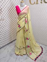 Mul cotton with lotus bud design and lotus flower embroidery design in stripes borders - Image 7