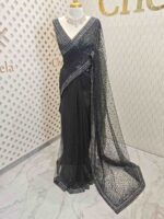 Net saree with sequence and zigzag cut bead border - Image 42