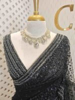 Net saree with sequence and zigzag cut bead border - Image 41