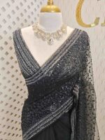 Net saree with sequence and zigzag cut bead border - Image 40