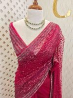 Net saree with sequence and zigzag cut bead border - Image 28