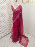 Net saree with sequence and zigzag cut bead border - Image 30