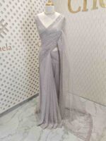Net saree with sequence and zigzag cut bead border - Image 21