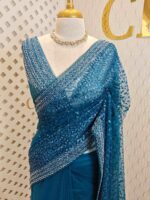 Net saree with sequence and zigzag cut bead border - Image 13