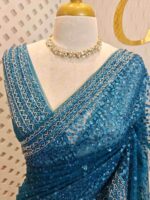 Net saree with sequence and zigzag cut bead border - Image 14