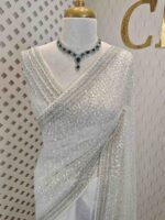 Net saree with sequence and zigzag cut bead border - Image 7