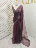 Net saree with sequence and zigzag cut bead border - Image 3