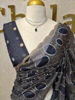 Organza with bold oval motifs and intricate gold overall embroidery