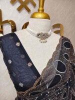 Organza with bold oval motifs and intricate gold overall embroidery - Image 12