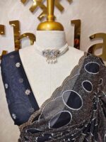 Organza with bold oval motifs and intricate gold overall embroidery - Image 11