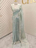Organsa with digital printed body and floral lace border - Image 13