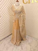 Organza with golden, silver metallic turkish like thread work and scallop borde - Image 7
