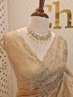 Organza with golden, silver metallic turkish like thread work and scallop borde - Image 6