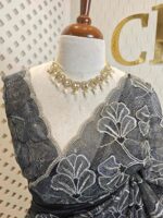 Organza with golden, silver metallic turkish like thread work and scallop borde - Image 8