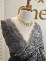 Organza with golden, silver metallic turkish like thread work and scallop borde - Image 9