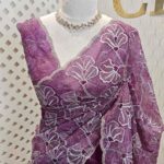 Organza with golden, silver metallic turkish like thread work and scallop borde