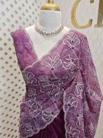 Organza with golden, silver metallic turkish like thread work and scallop borde