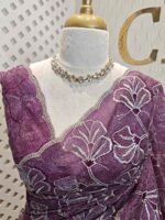 Organza with golden, silver metallic turkish like thread work and scallop borde - Image 2