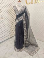 Organza with sequence,cut beads floral garden like design and scallop border - Image 9