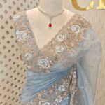 Organza with sequence,cut beads floral garden like design and scallop border