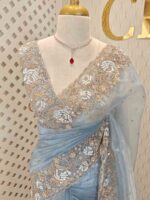 Organza with sequence,cut beads floral garden like design and scallop border