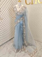 Organza with sequence,cut beads floral garden like design and scallop border - Image 3